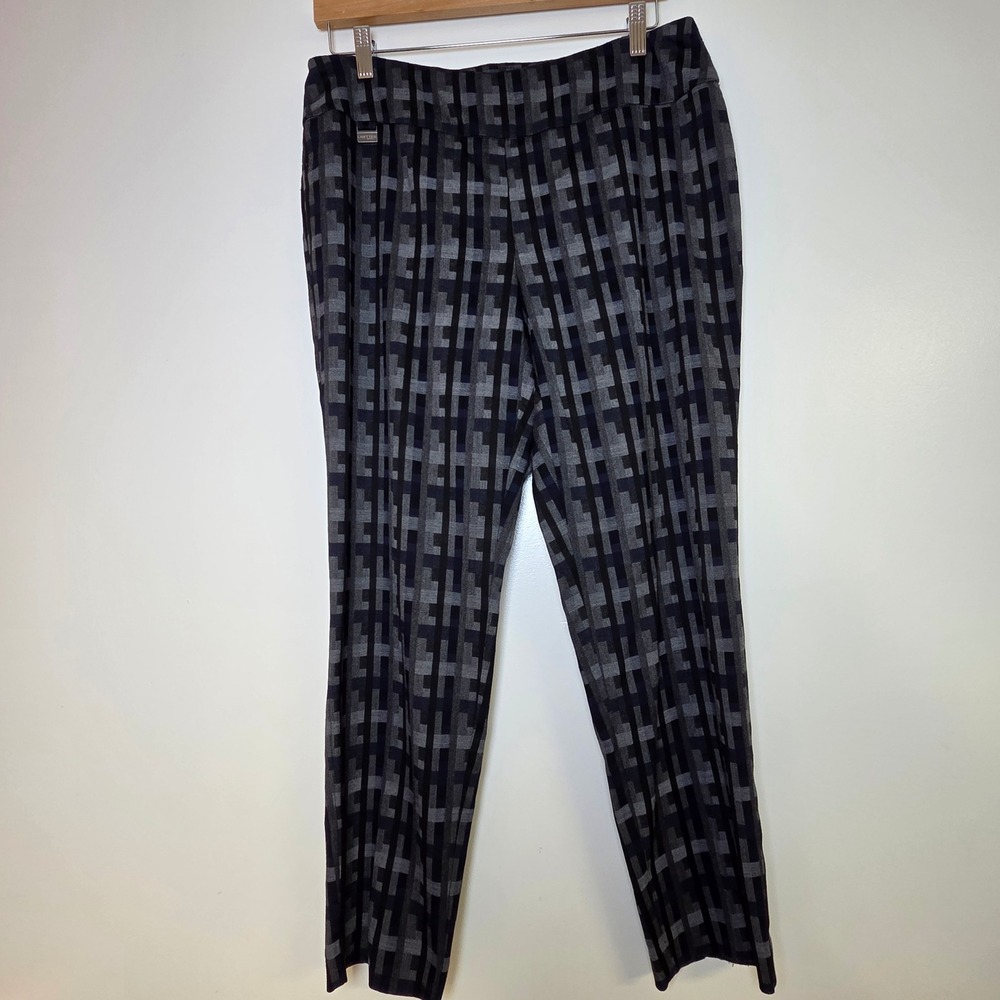 Lisette Montréal Women's Abstract Plaid Print Pants 10 Black Gray Navy Stretch